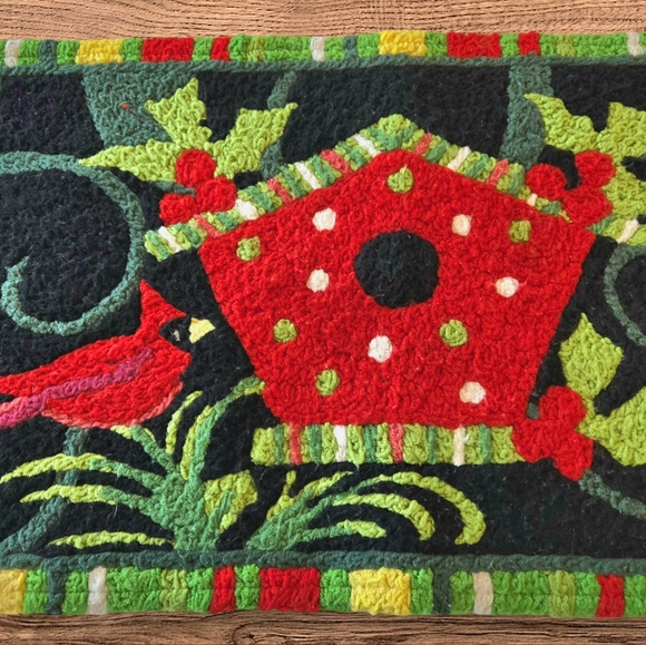 Festive Winter Door Mat Jellybean Accent Rug w Cardinal Birdhouse & Holly - Picture 4 of 8
